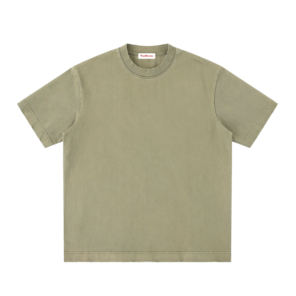 Washed frayed army green t-shirt, crew neck, short sleeves