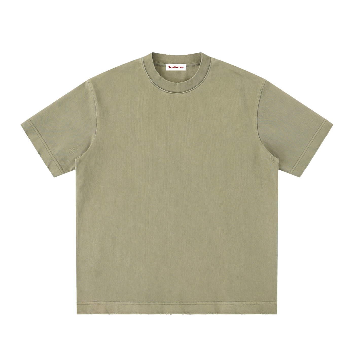 Washed frayed army green t-shirt, crew neck, short sleeves