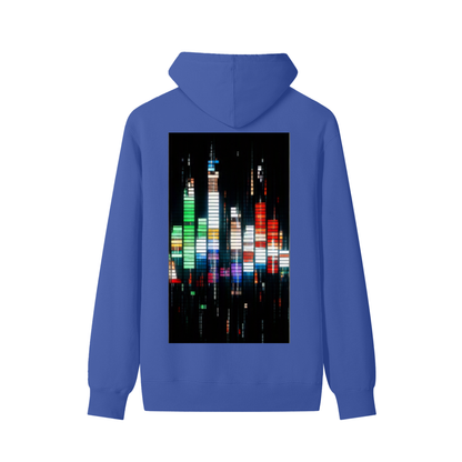 Unisex cotton hoodie, blue color, back view with cityscape graphic print