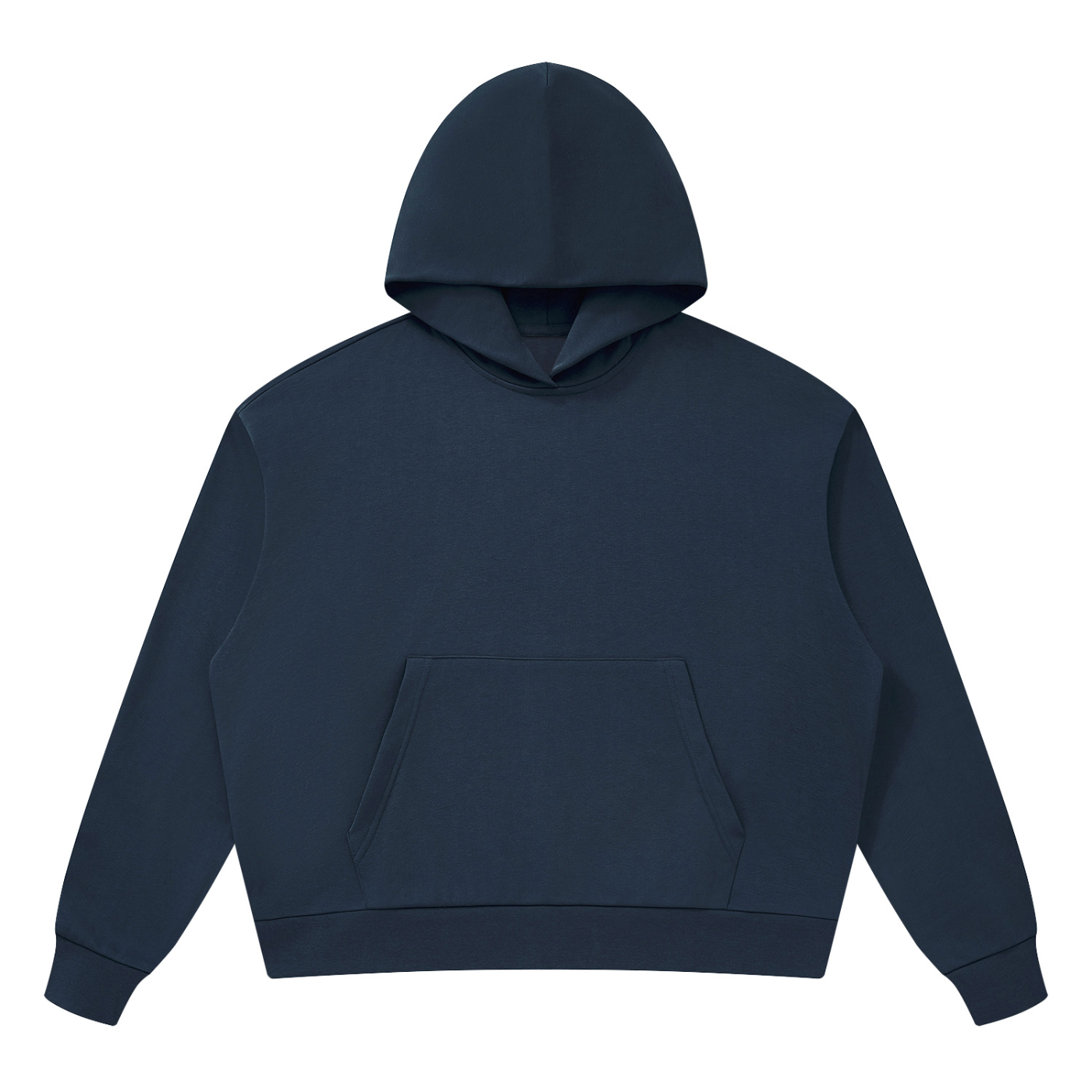 Unisex drop-shoulder hoodie in navy blue with hood and front kangaroo pocket