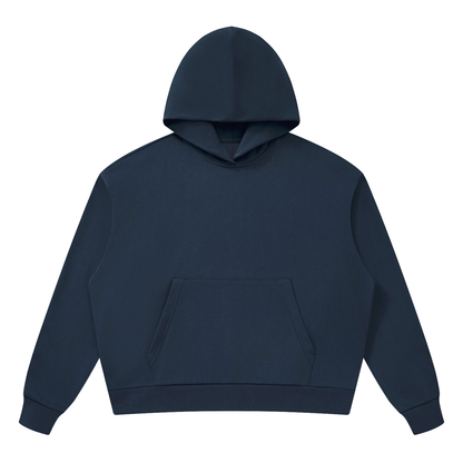 Unisex drop-shoulder hoodie in navy blue with hood and front kangaroo pocket