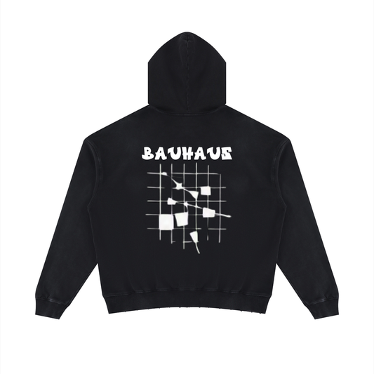 Black distressed hoodie with BAUHAUS back graphic and hood