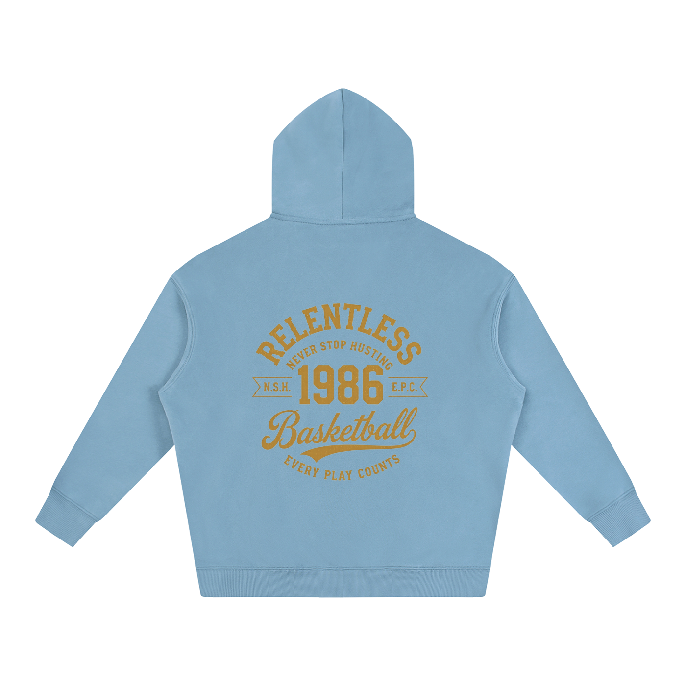 Oversize fleeced hoodie, light blue; back features large “Relentless 1968 Basketball” graphic