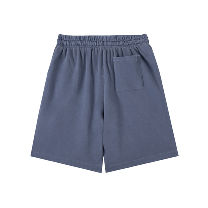 Navy vintage-wash cotton shorts with elastic waistband, drawstring, and front patch pocket.