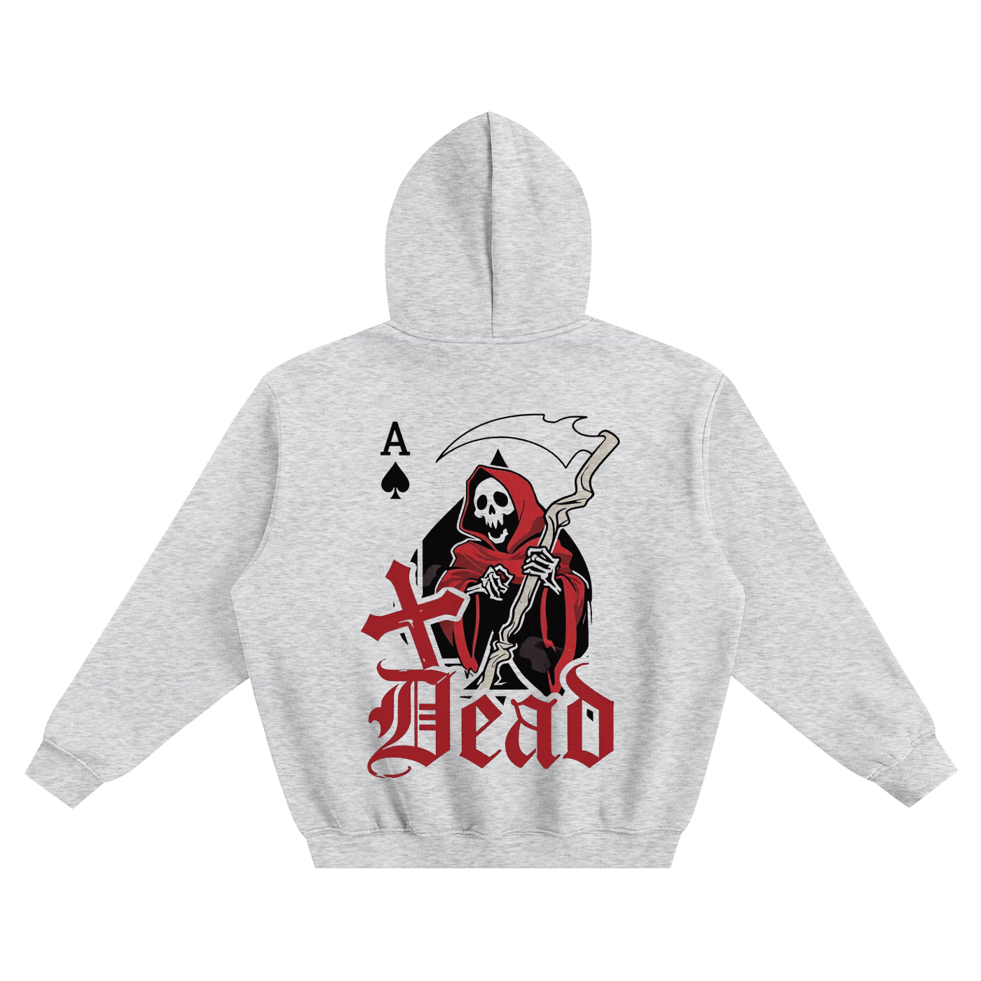 Boxy fleece hoodie, heather gray, back large skeleton playing-card graphic