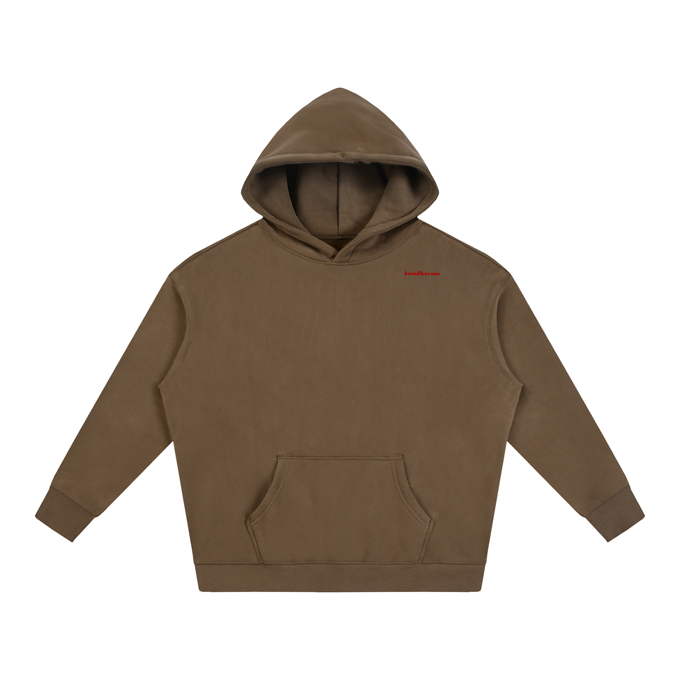 Oversized fleeced hoodie, brown hooded front with kangaroo pocket and ribbed cuffs