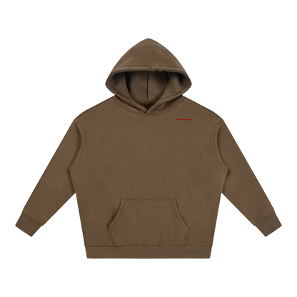 Oversized fleeced hoodie, brown hooded front with kangaroo pocket and ribbed cuffs