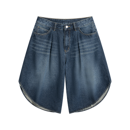 Men's wide-leg denim shorts in mid-wash jeans blue, button-front and belt loops