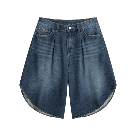 Men's wide-leg denim shorts in medium blue wash, button front and belt loops