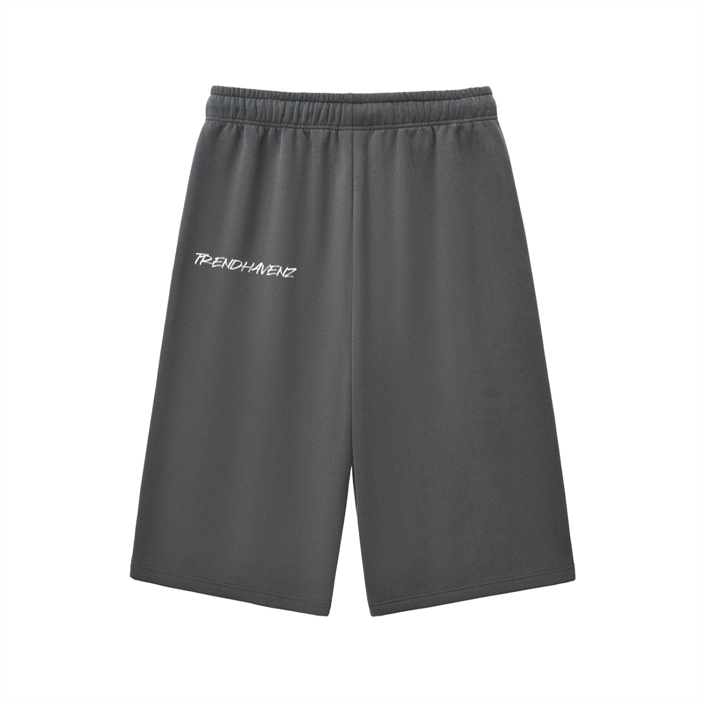 Charcoal gray three-quarter sweatpants with elastic waistband and drawstring, small left logo