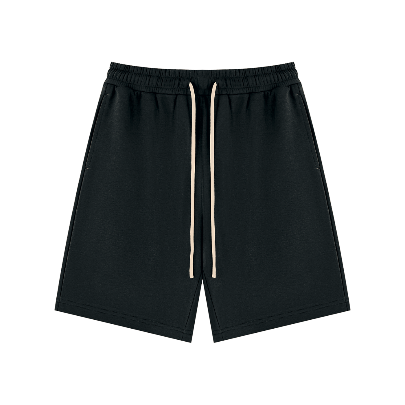 Dark green unisex drawstring shorts with elastic waist and white drawcords