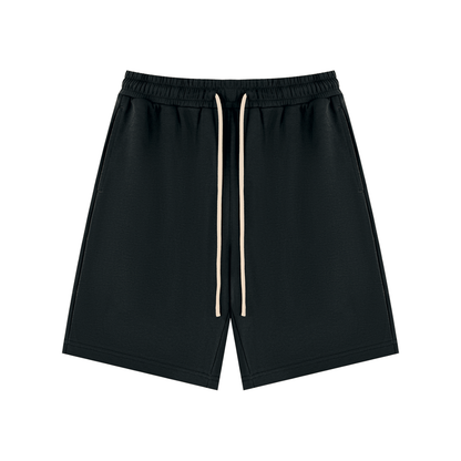 Dark green unisex drawstring shorts with elastic waist and white drawcords