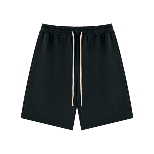 Dark green unisex drawstring shorts with elastic waist and white drawcords