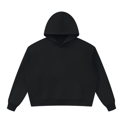Black oversized heavyweight hoodie with front kangaroo pocket and hood