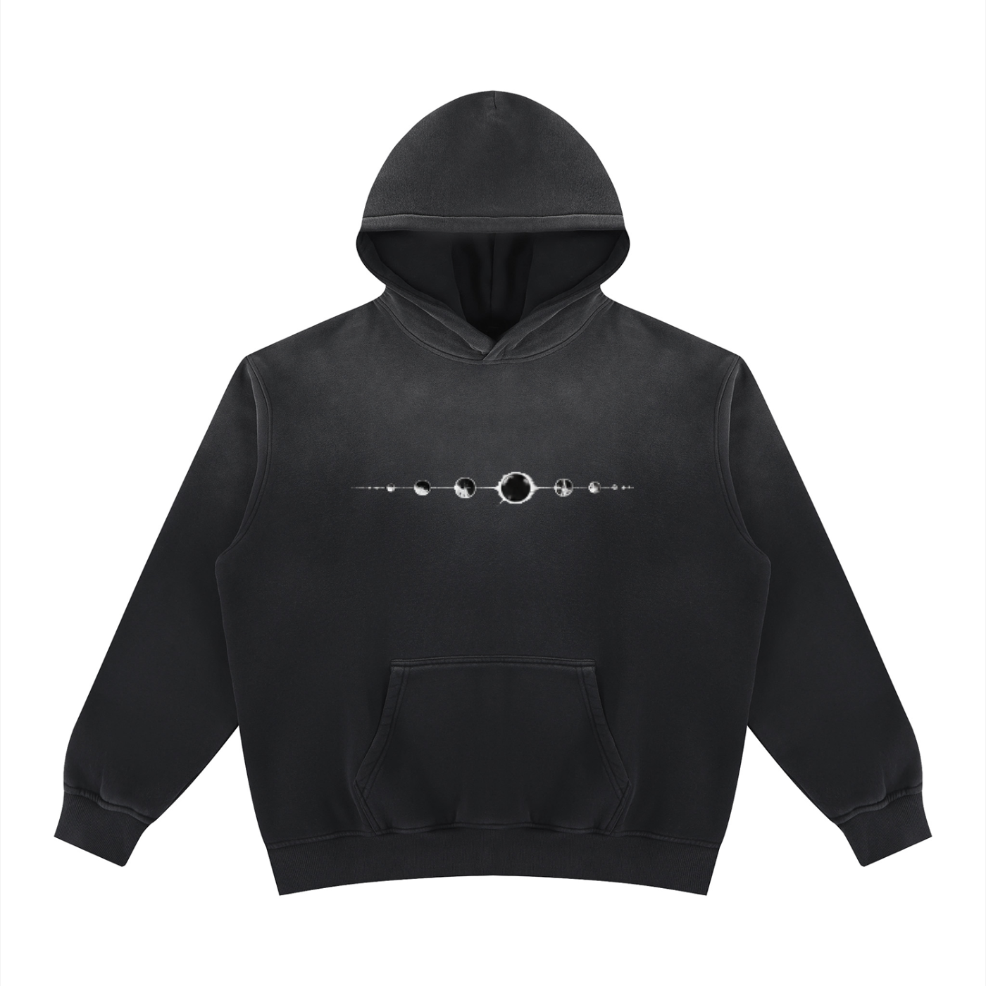 Black fleece hoodie with hood, pouch pocket, and front silver ring graphic