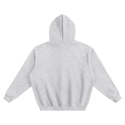 Oversized boxy hoodie, light gray with hood up and kangaroo pocket