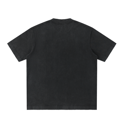 Black washed crewneck T-shirt, short sleeves, straight hem, back view