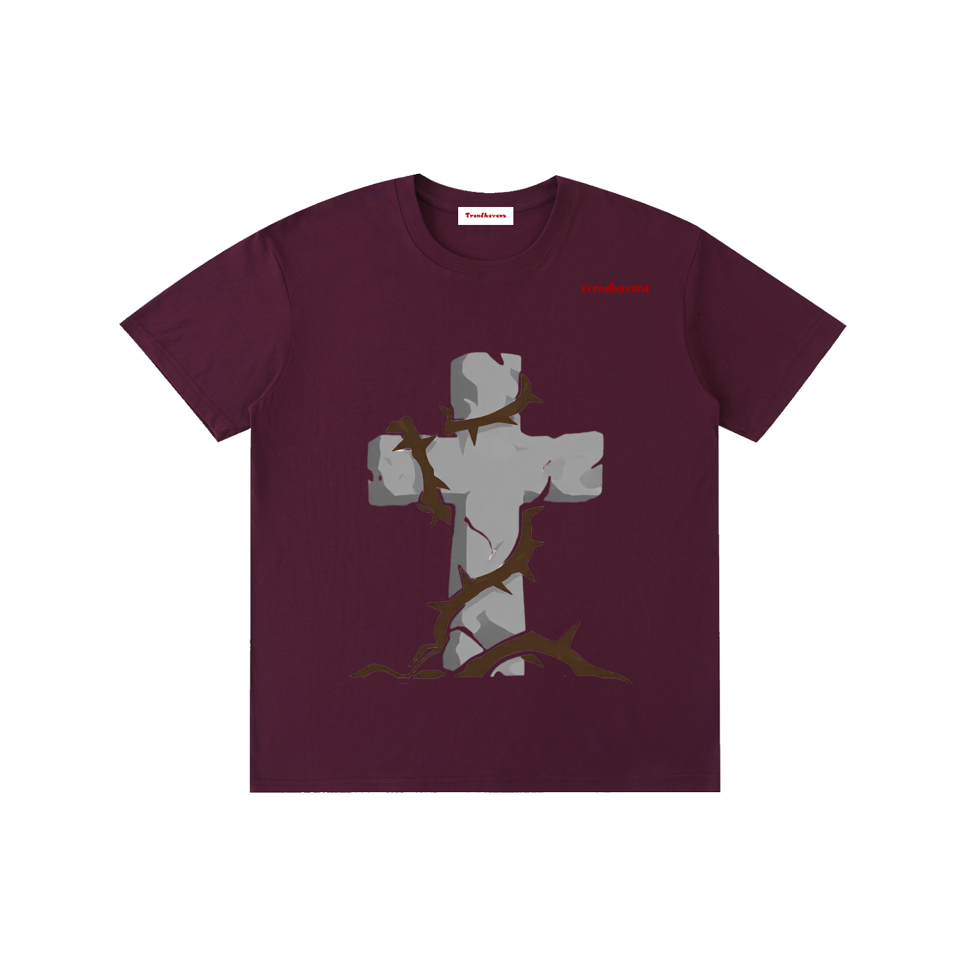 Unisex cotton T-shirt, grape purple, gray Jesus kneeling graphic