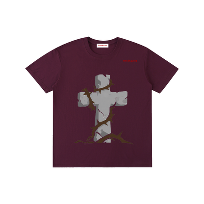 Unisex cotton T-shirt, grape purple, gray Jesus kneeling graphic
