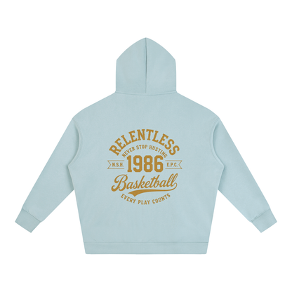 Oversize fleeced hoodie in light blue with back basketball graphic and hood.