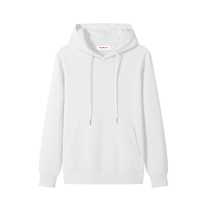 Unisex cotton hoodie in white, front view with drawstring hood and kangaroo pocket.
