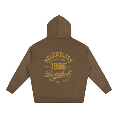 Oversized fleeced hoodie, brown back with basketball graphic and hood
