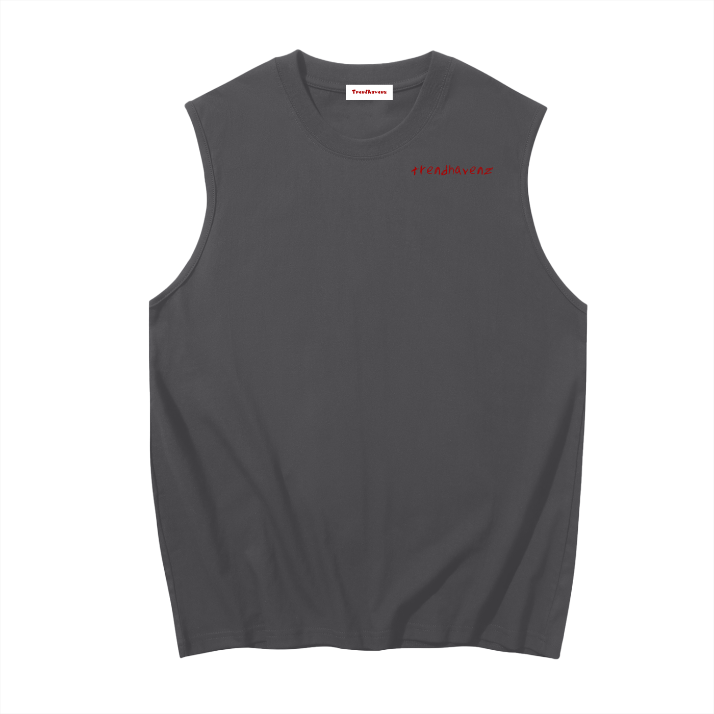 Men's sleeveless cotton tank top, dark grey; crew neck; small red chest logo print