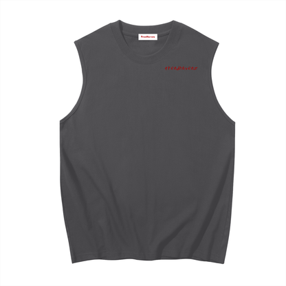 Men's sleeveless cotton tank top, dark grey; crew neck; small red chest logo print