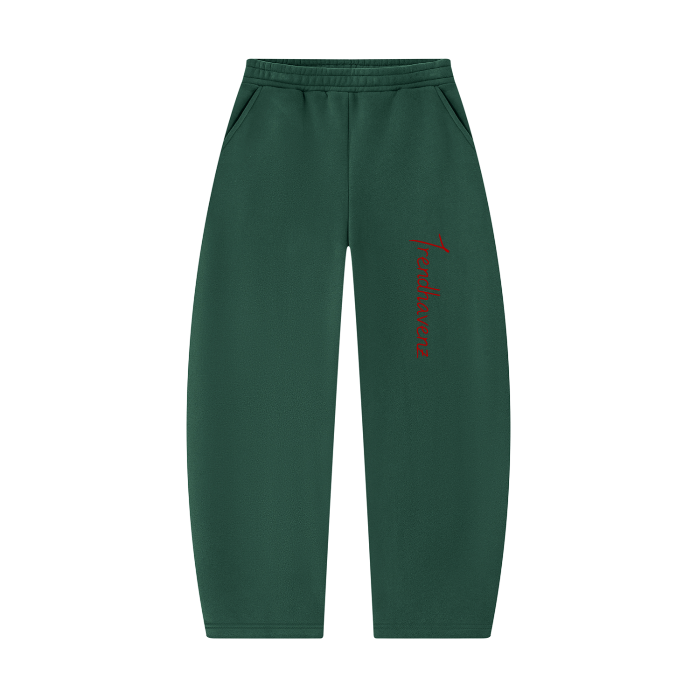 Dark green unisex barrel-leg sweatpants with red logo on front