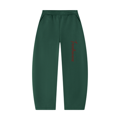 Dark green unisex barrel-leg sweatpants with red logo on front