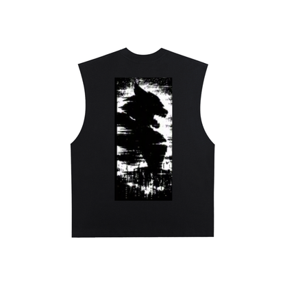 Black cotton tank top with square front graphic print