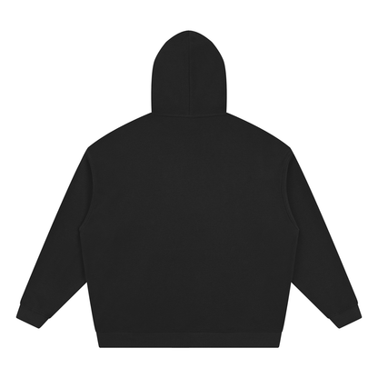 Black unisex waffle hoodie, back view with hood and long sleeves