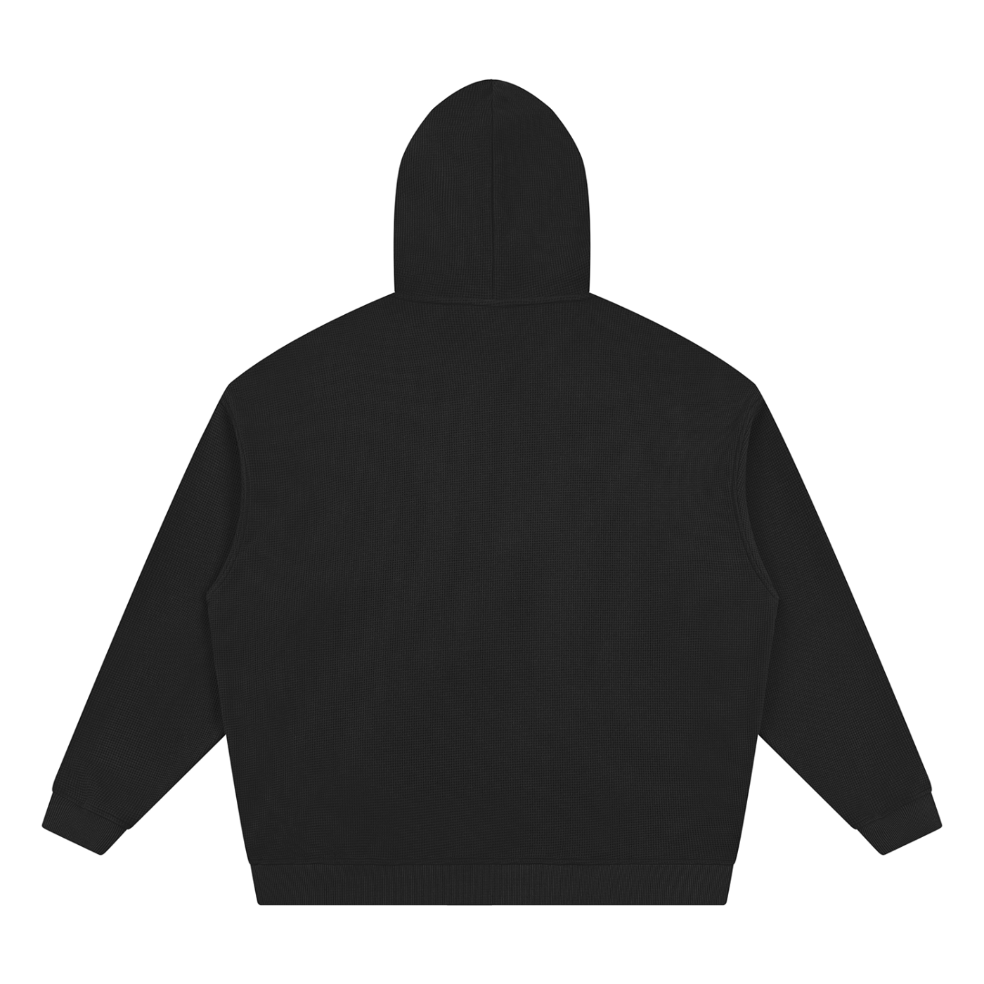Black waffle pullover hoodie, back view with hood and relaxed fit