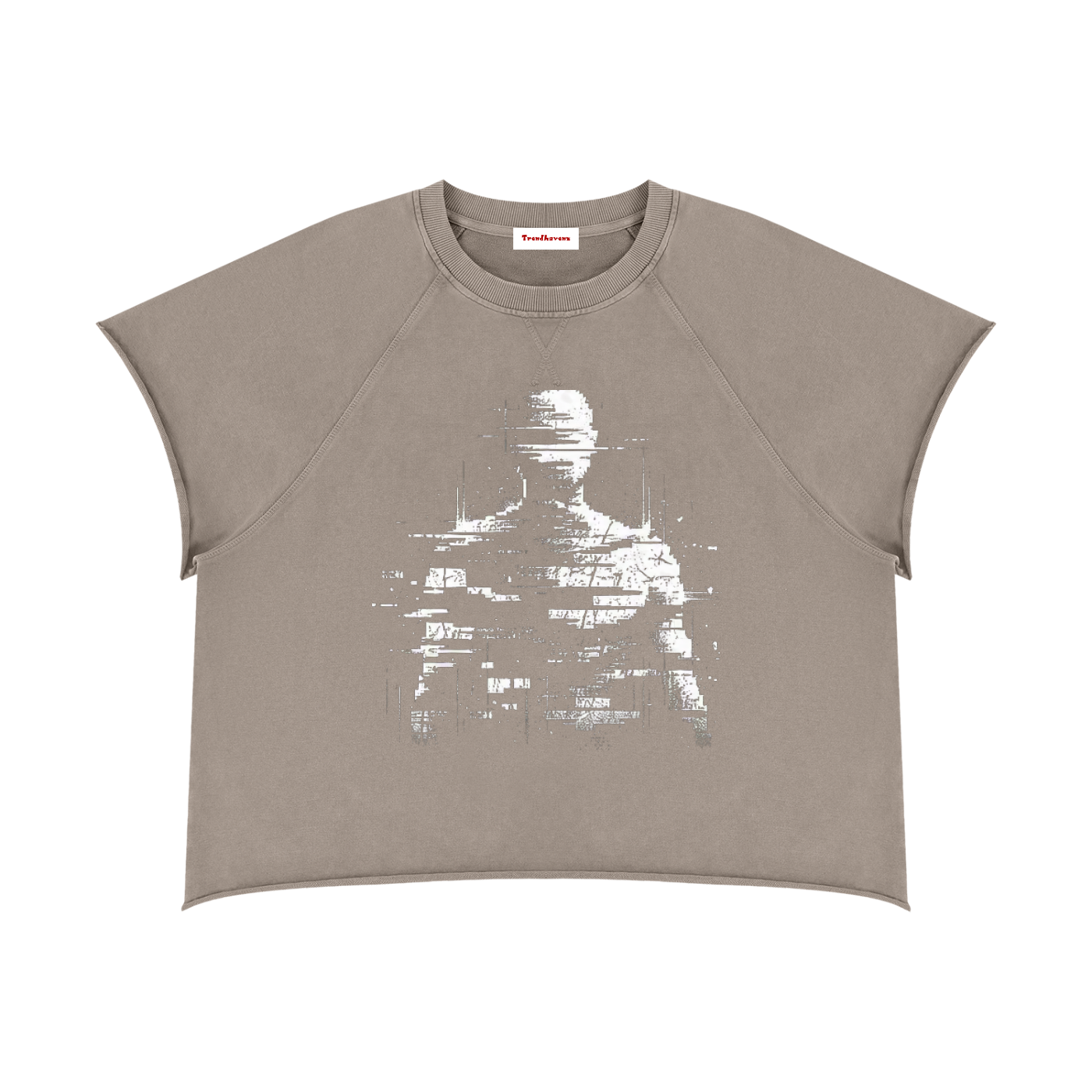 Khaki ash boxy crewneck T-shirt with distressed glitch statue graphic on front
