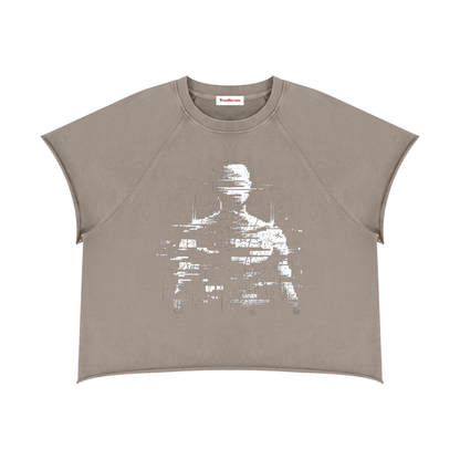 Khaki ash boxy crewneck T-shirt with distressed glitch statue graphic on front