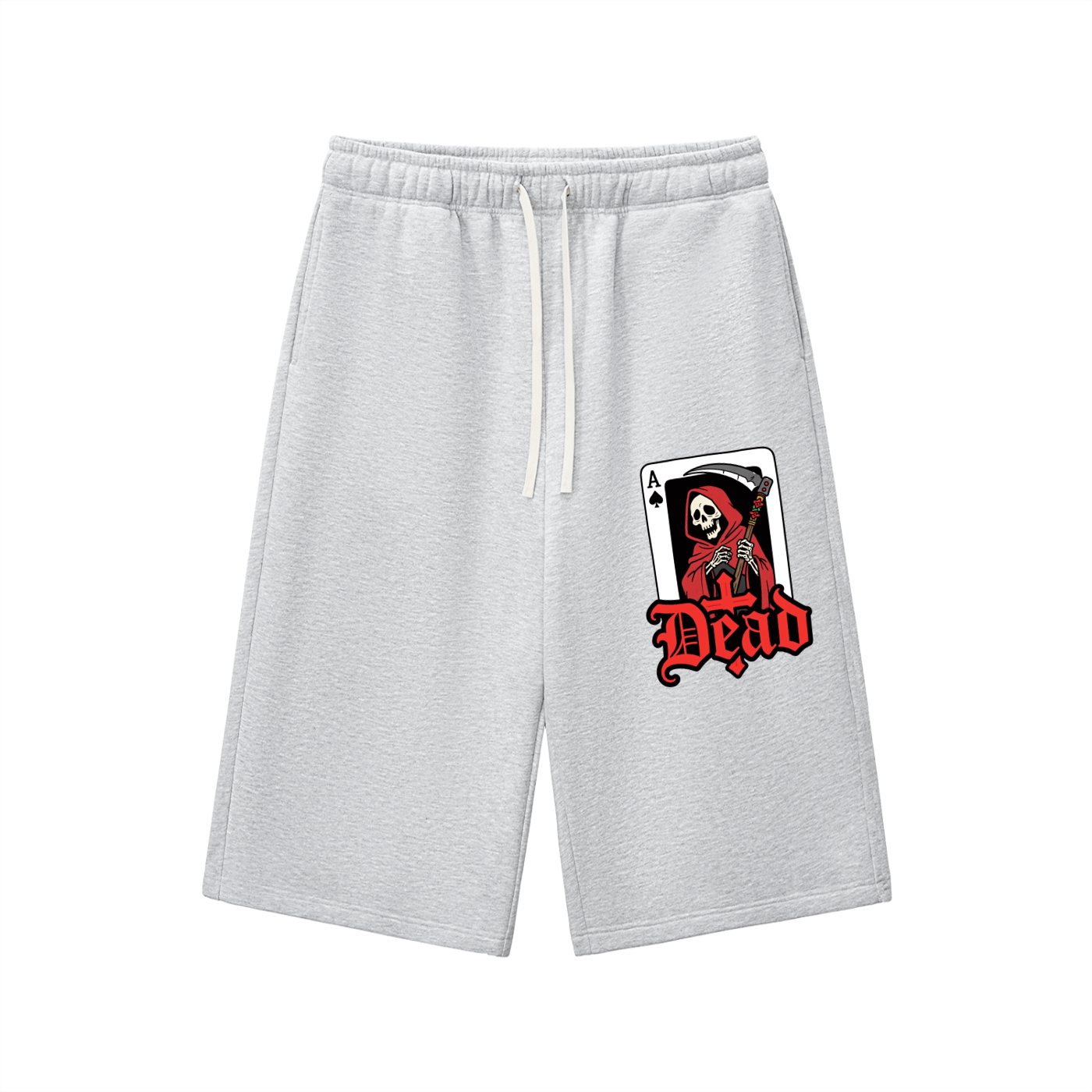 Light gray three-quarter sweatpants with elastic waistband and drawstring, front graphic patch