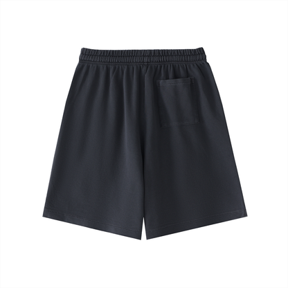 Dark navy vintage-wash cotton shorts with elastic waistband, drawstring, and side pocket