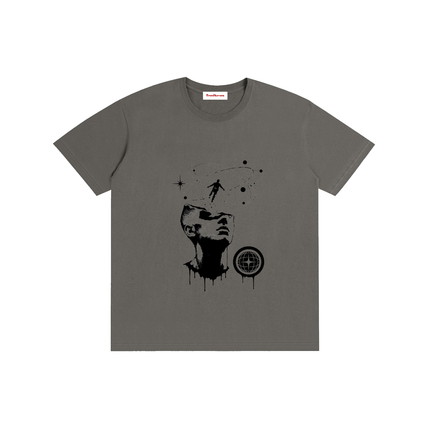Unisex cotton T-shirt, dark gray, front graphic print with portrait and dreamcatcher-style motif
