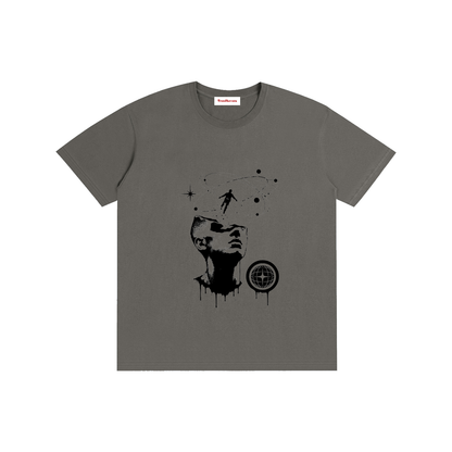 Unisex cotton T-shirt, dark gray, front graphic print with portrait and dreamcatcher-style motif