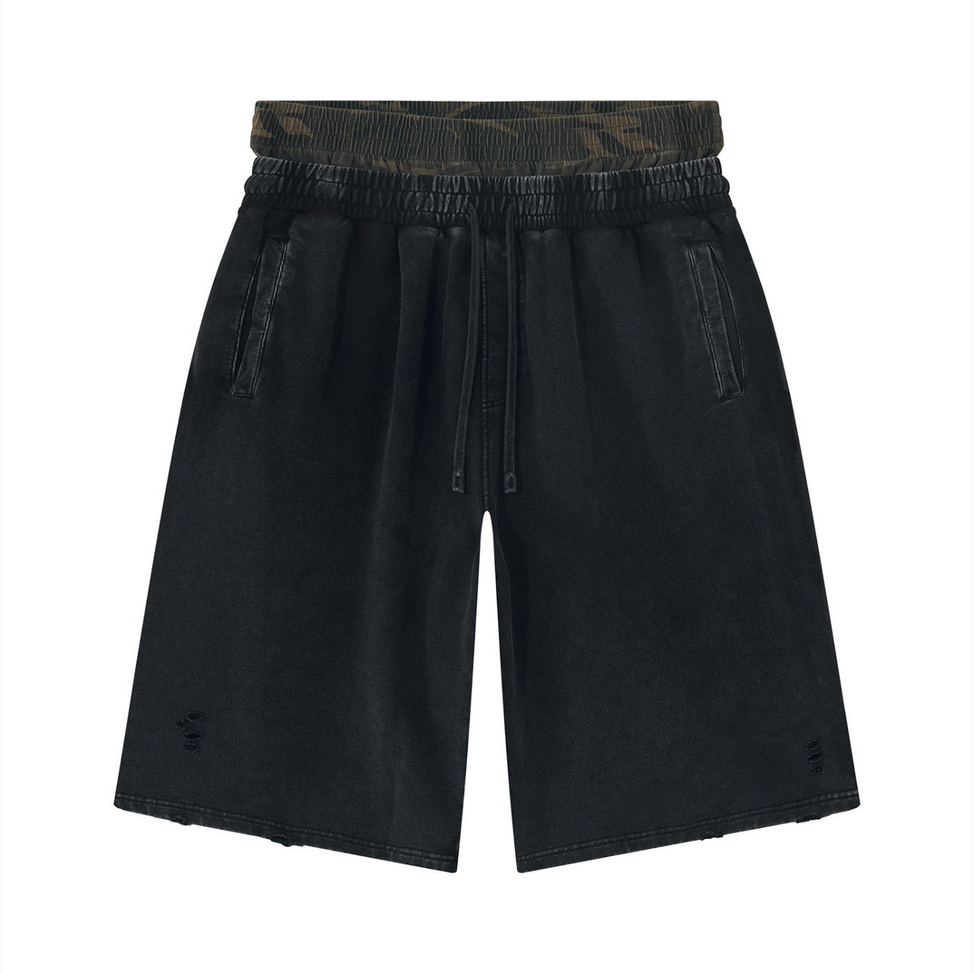 Black wide-leg distressed shorts with elastic camo waistband and drawstring, side ties