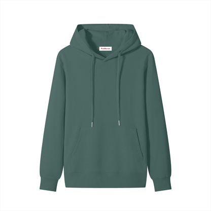 Olive green cotton pullover hoodie with hood, drawstrings, and front kangaroo pocket.