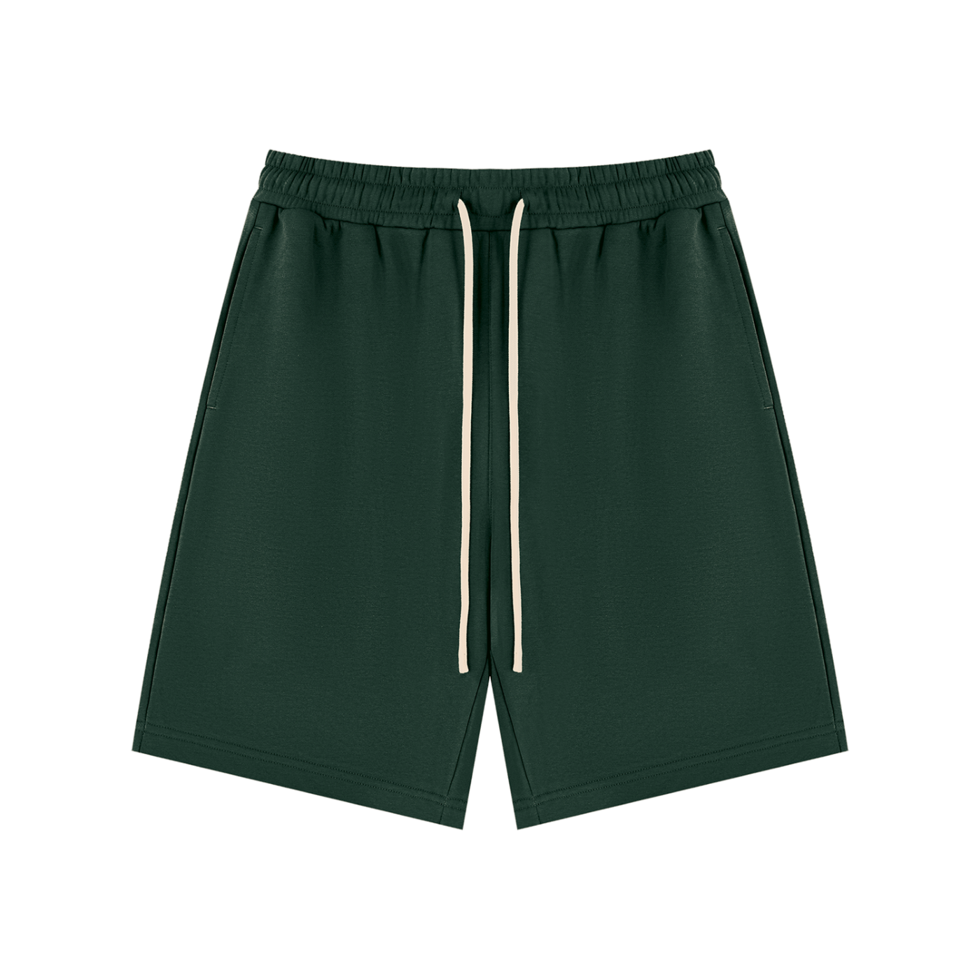 Unisex dark green drawstring shorts with elastic waistband and off-white cords