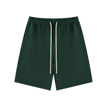 Unisex dark green drawstring shorts with elastic waistband and off-white cords