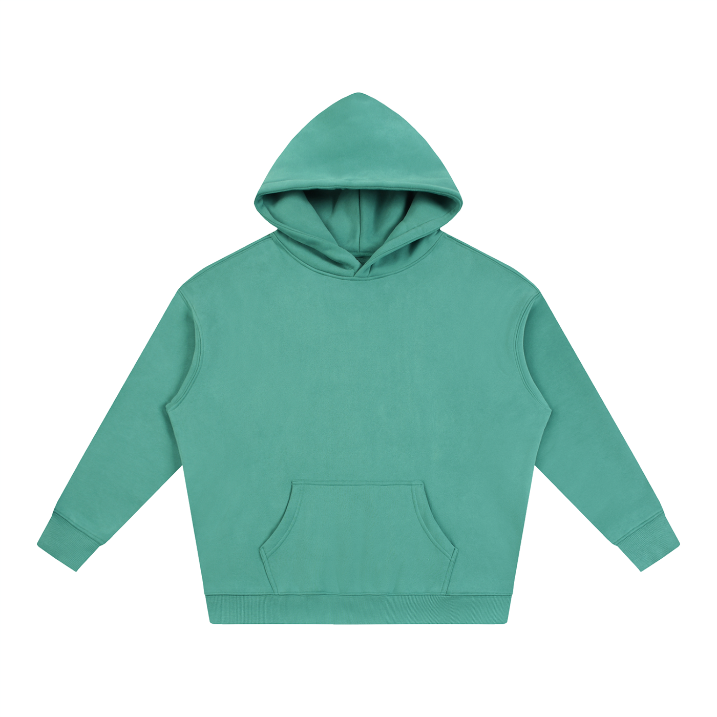 Oversize fleece pullover hoodie in green, front view with kangaroo pocket