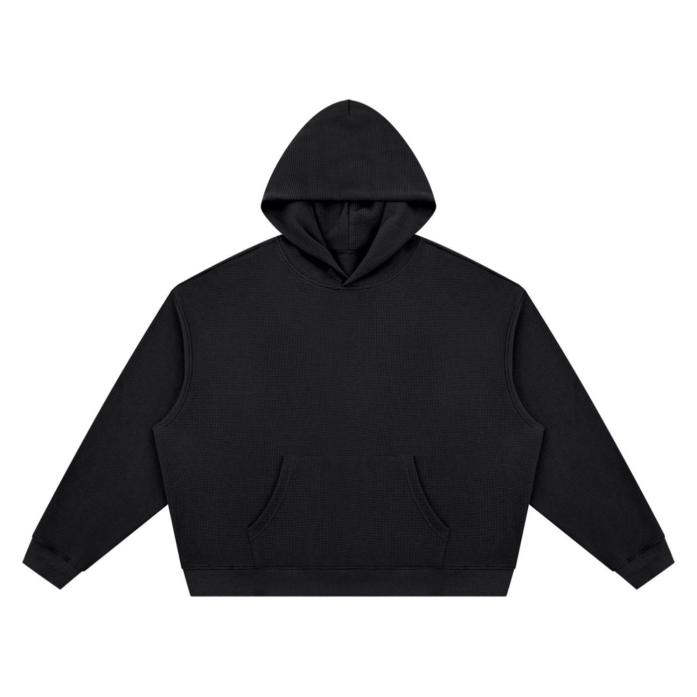 Textured waffle boxy hoodie, black, front view with hood and kangaroo pocket