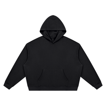 Textured waffle boxy hoodie, black, front view with hood and kangaroo pocket