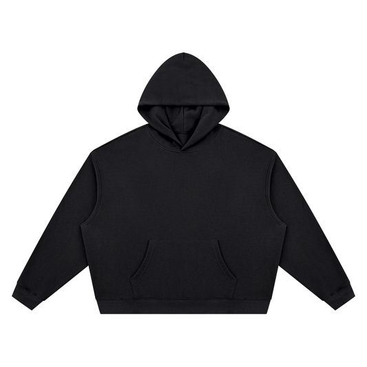 Textured waffle boxy hoodie, black, front view with hood and kangaroo pocket
