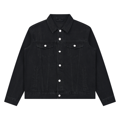 Black unisex vintage wash denim jacket with button front and chest flap pockets