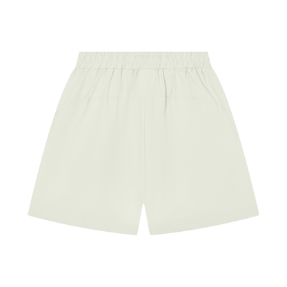 Off-white cotton shorts with gathered elastic waist and loose straight shape