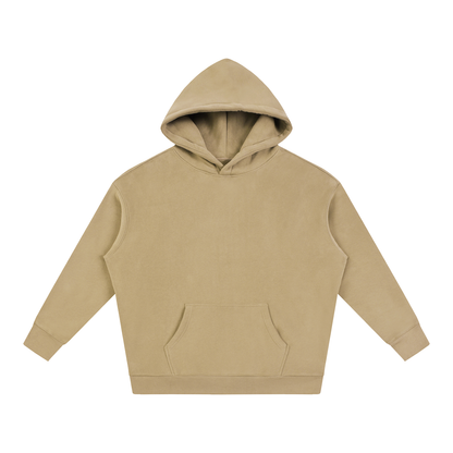Oversize fleece pullover hoodie in light brown, front view with kangaroo pocket